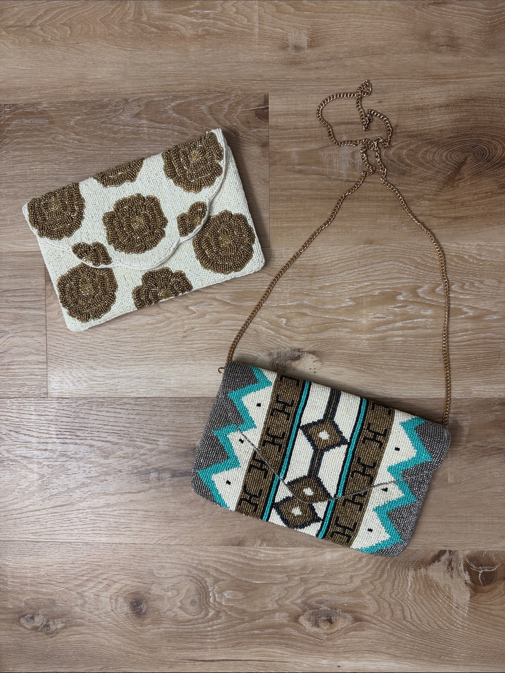 Francesca's Collections Turquoise, Ivory & Brown Beaded Crossbody Clutch